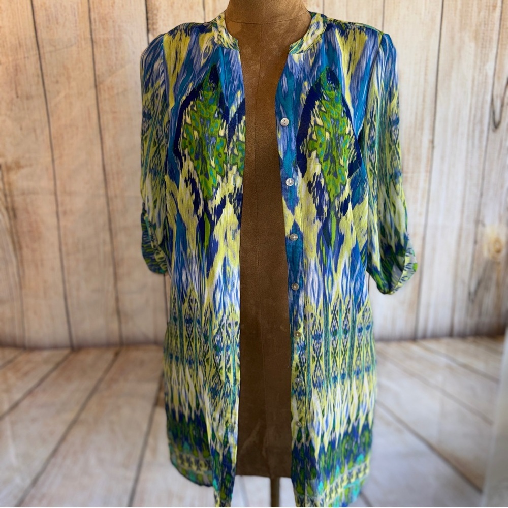 CHICO'S Sheer Tunic Top, Blue & Green Patterned, Button Up Or Cardigan Sz 1 Or M - Picture 8 of 11